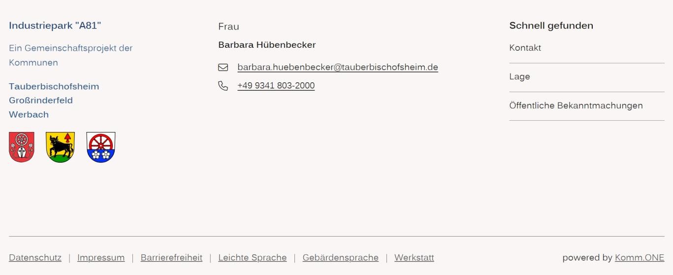 Infos Fußbereich Screenshot des Fußbereichs auf www.industriepark-a81.de